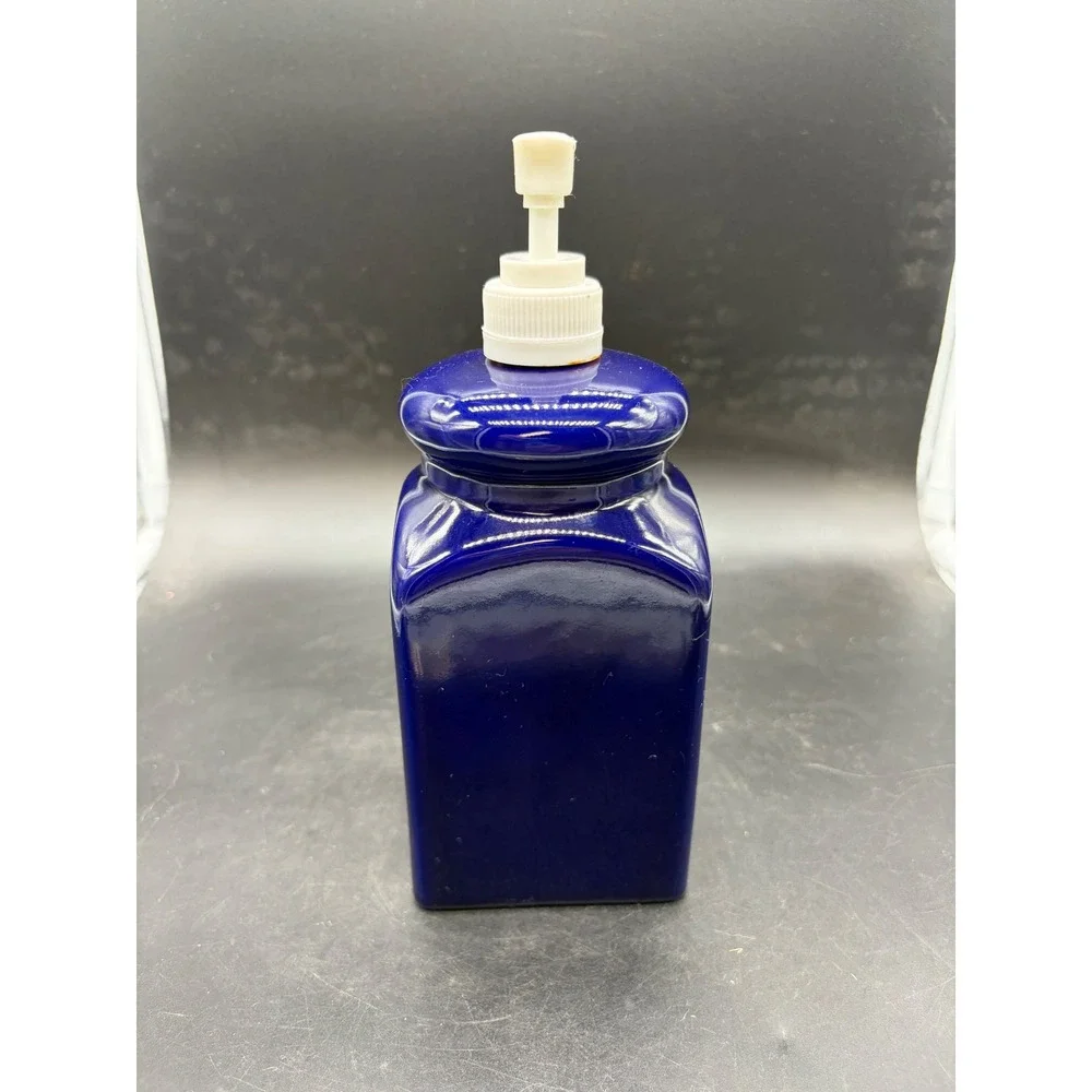 Cobalt Blue Ceramic Soap Dispenser Square Glossy Navy Lotion Pump Stoneware